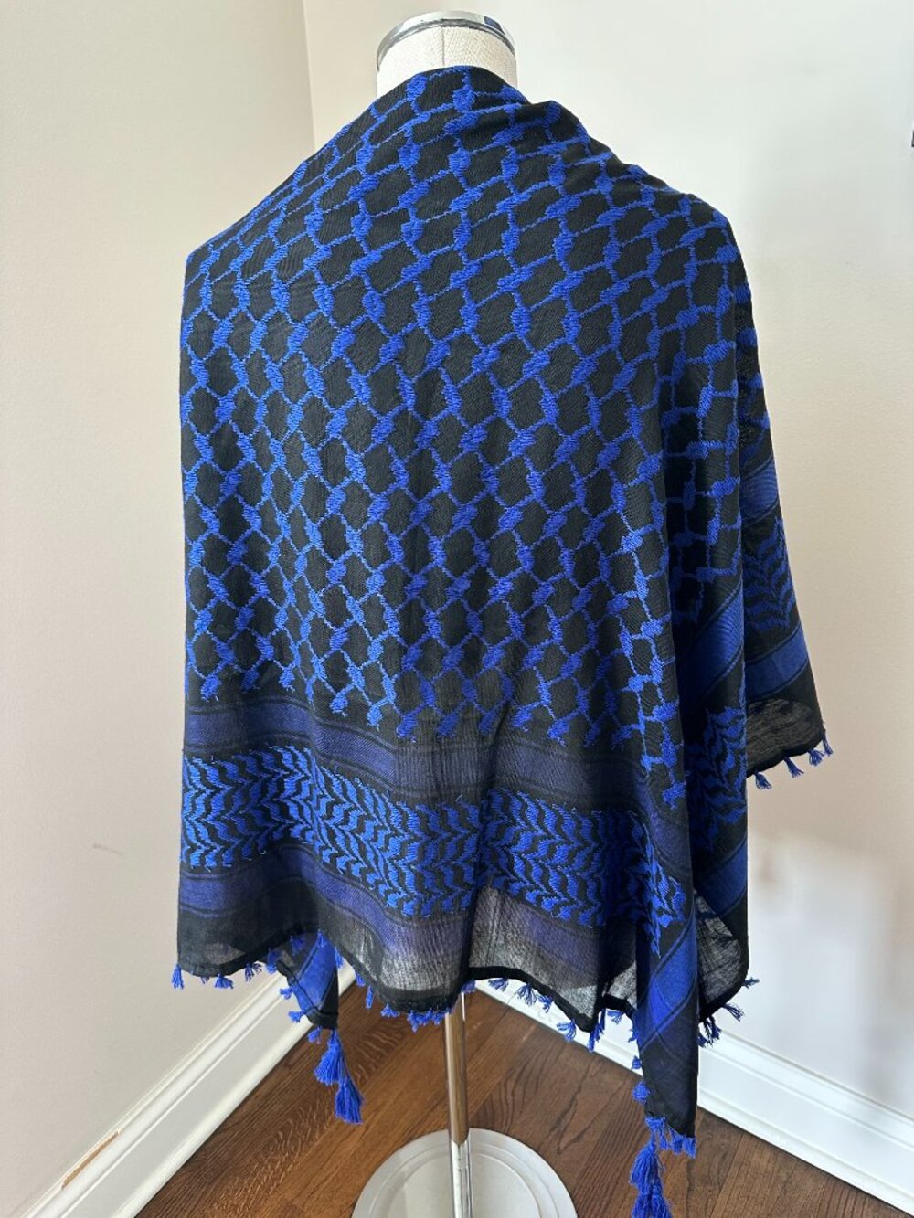 Black and Blue Keffiyeh Cotton Head Scarf Shawl Wrap with Tassels 45x45 Unisex